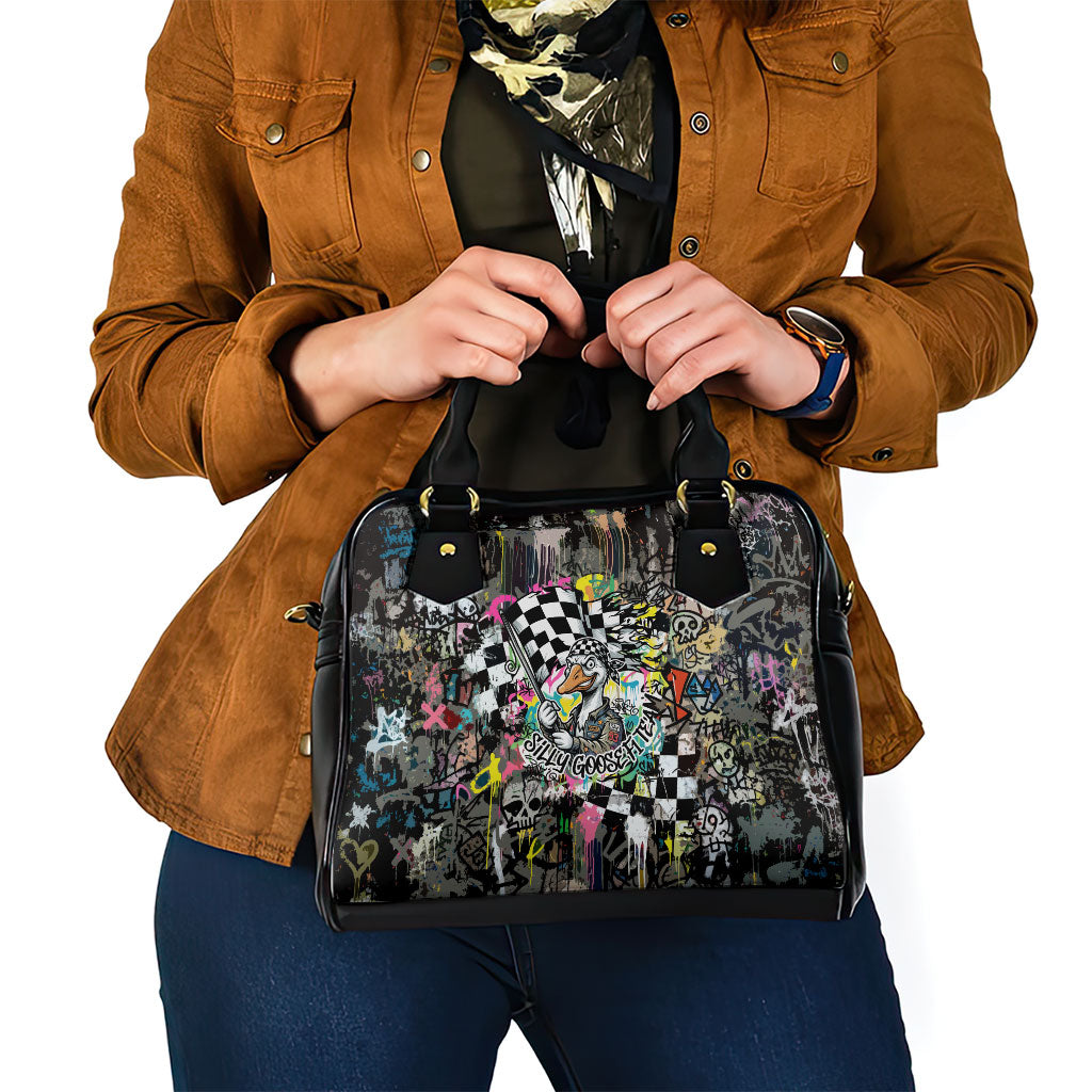 Silly Goose Team Racing Shoulder Handbag Colorful Street Graffiti Checkered Flag
