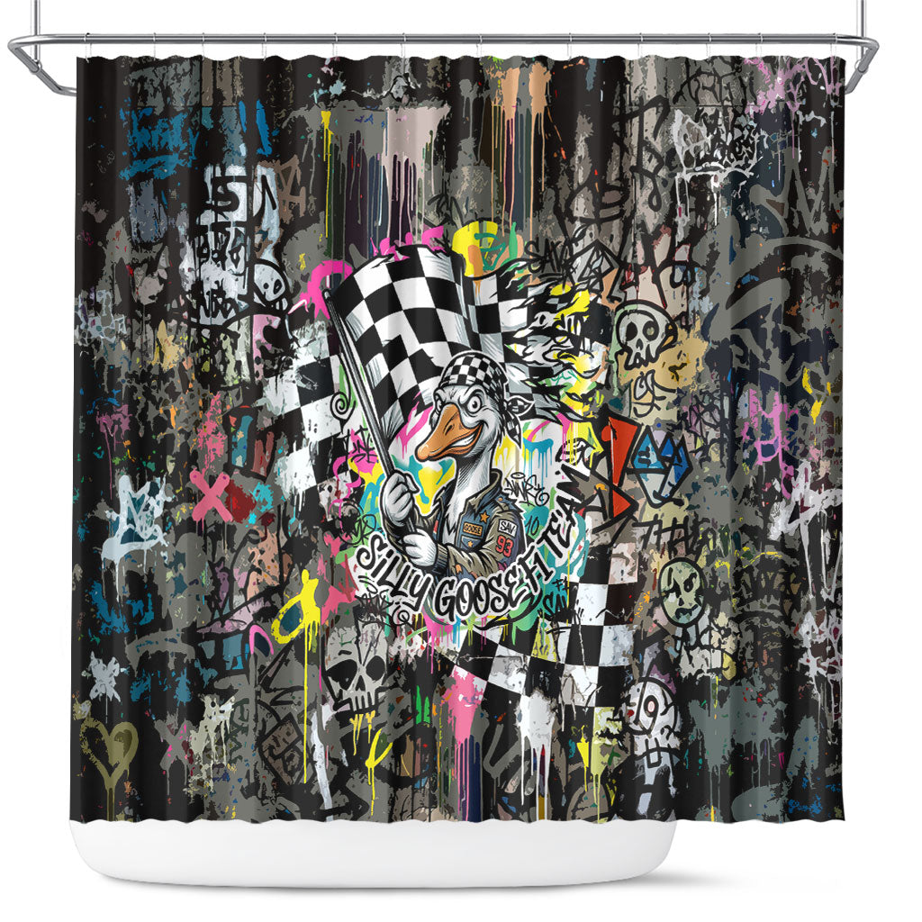 Silly Goose Team Racing Shower Curtain Colorful Street Graffiti Checkered Flag