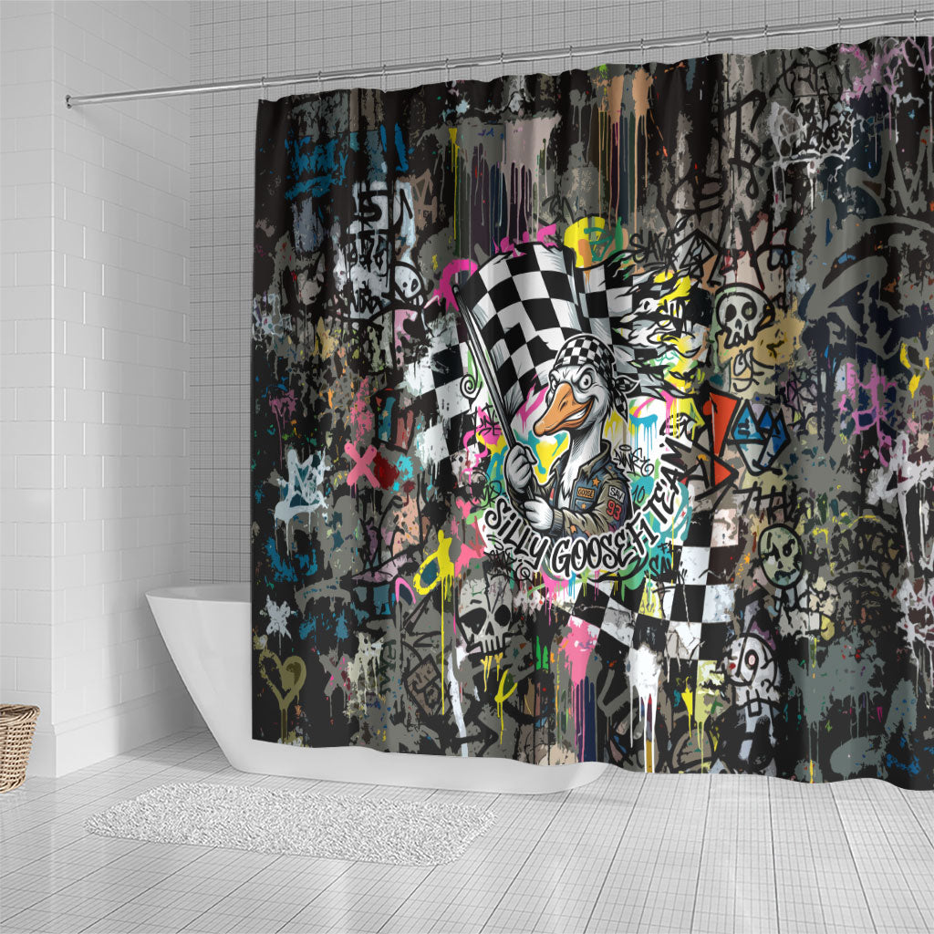 Silly Goose Team Racing Shower Curtain Colorful Street Graffiti Checkered Flag