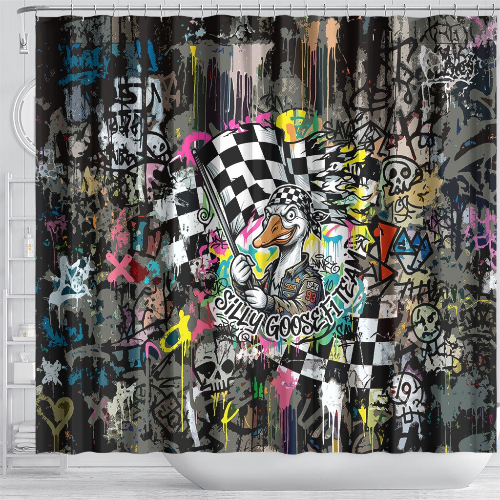 Silly Goose Team Racing Shower Curtain Colorful Street Graffiti Checkered Flag