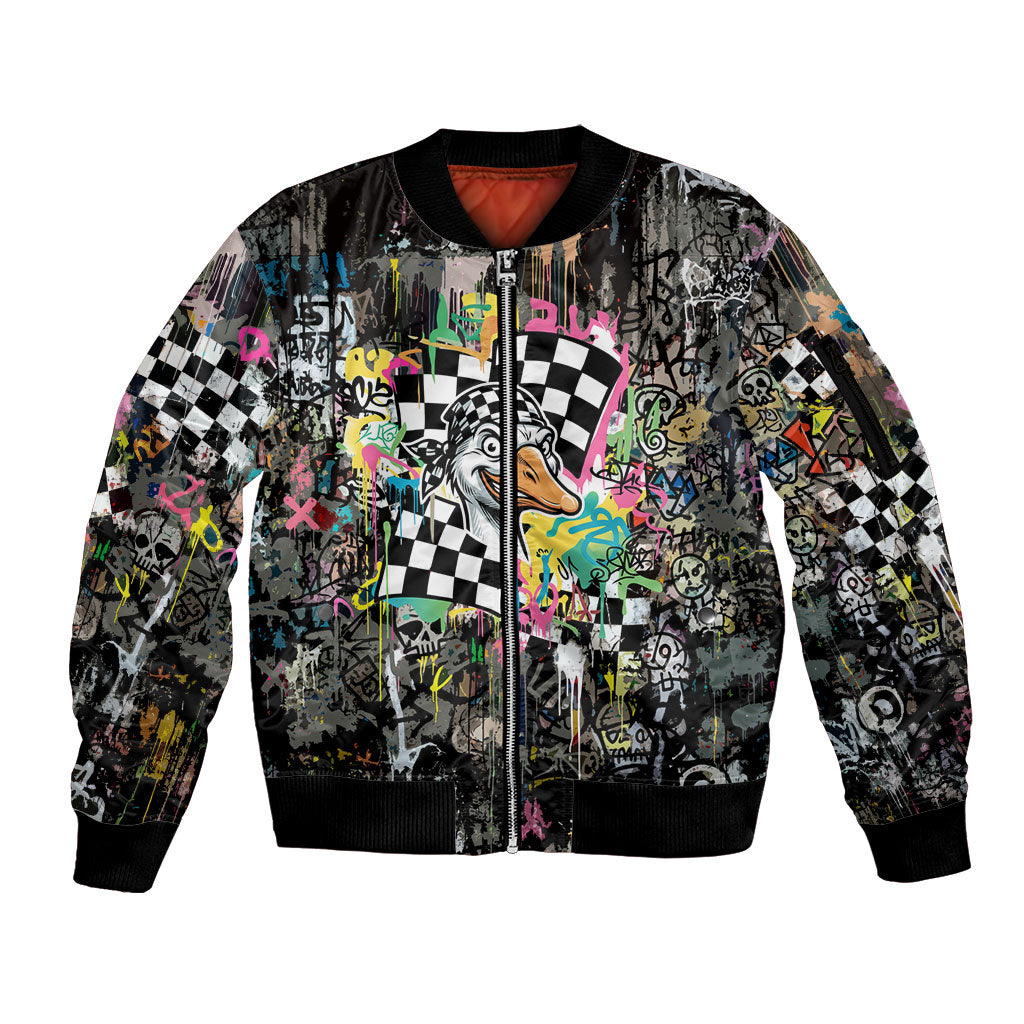 Silly Goose Team Racing Sleeve Zip Bomber Jacket Colorful Street Graffiti Checkered Flag