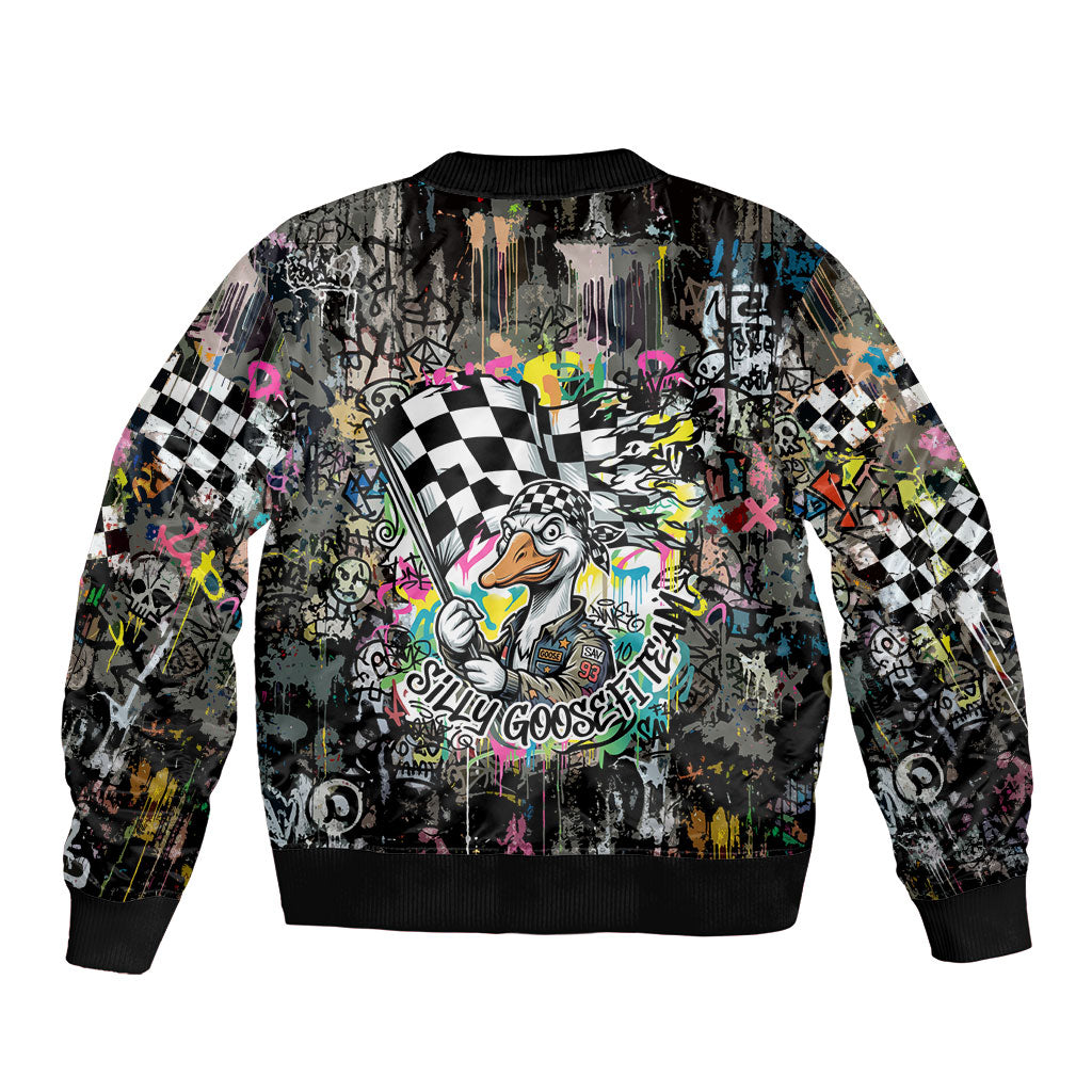 Silly Goose Team Racing Sleeve Zip Bomber Jacket Colorful Street Graffiti Checkered Flag