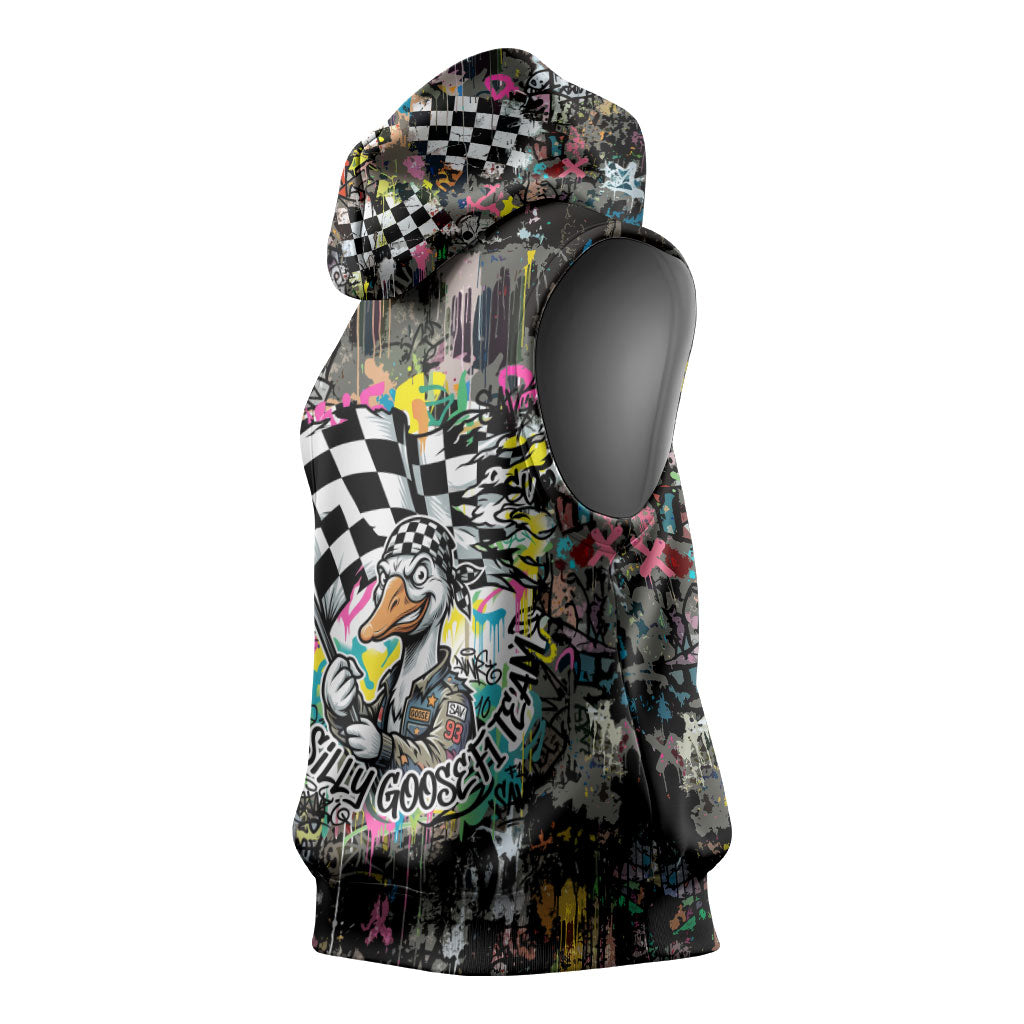 Silly Goose Team Racing Sleeveless Hoodie Colorful Street Graffiti Checkered Flag