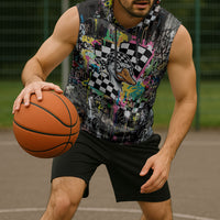 Silly Goose Team Racing Sleeveless Hoodie Colorful Street Graffiti Checkered Flag
