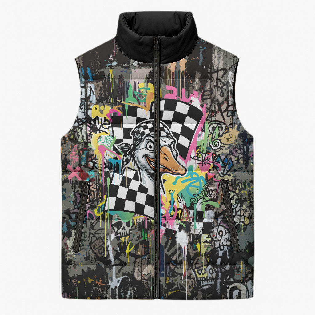 Silly Goose Team Racing Sleeveless Puffer Jacket Colorful Street Graffiti Checkered Flag