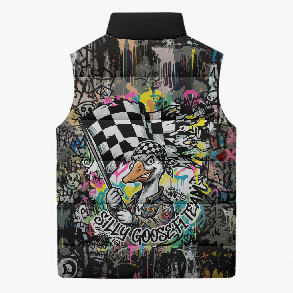 Silly Goose Team Racing Sleeveless Puffer Jacket Colorful Street Graffiti Checkered Flag
