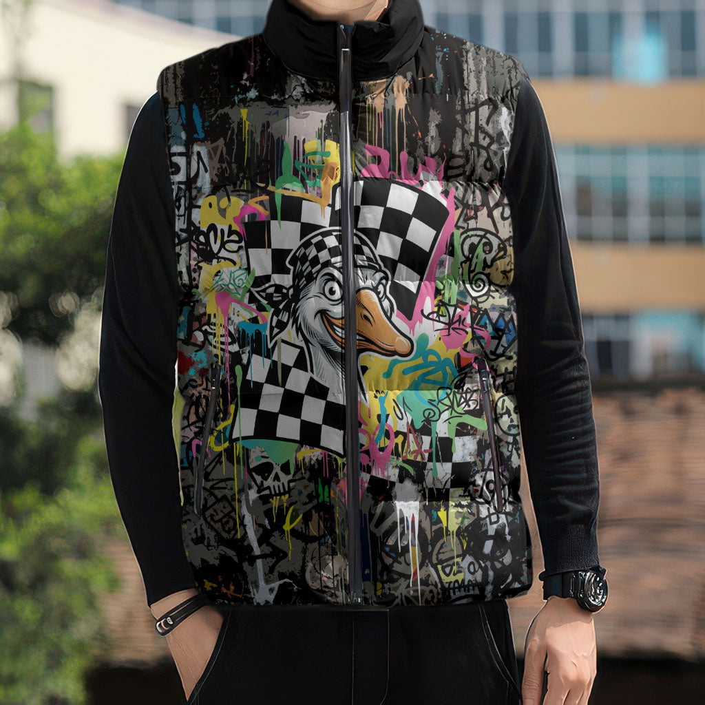Silly Goose Team Racing Sleeveless Puffer Jacket Colorful Street Graffiti Checkered Flag