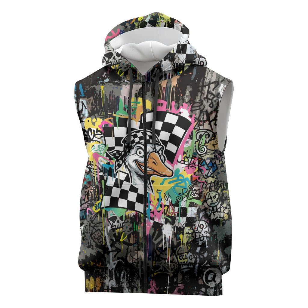 Silly Goose Team Racing Sleeveless Zip Hoodie Colorful Street Graffiti Checkered Flag