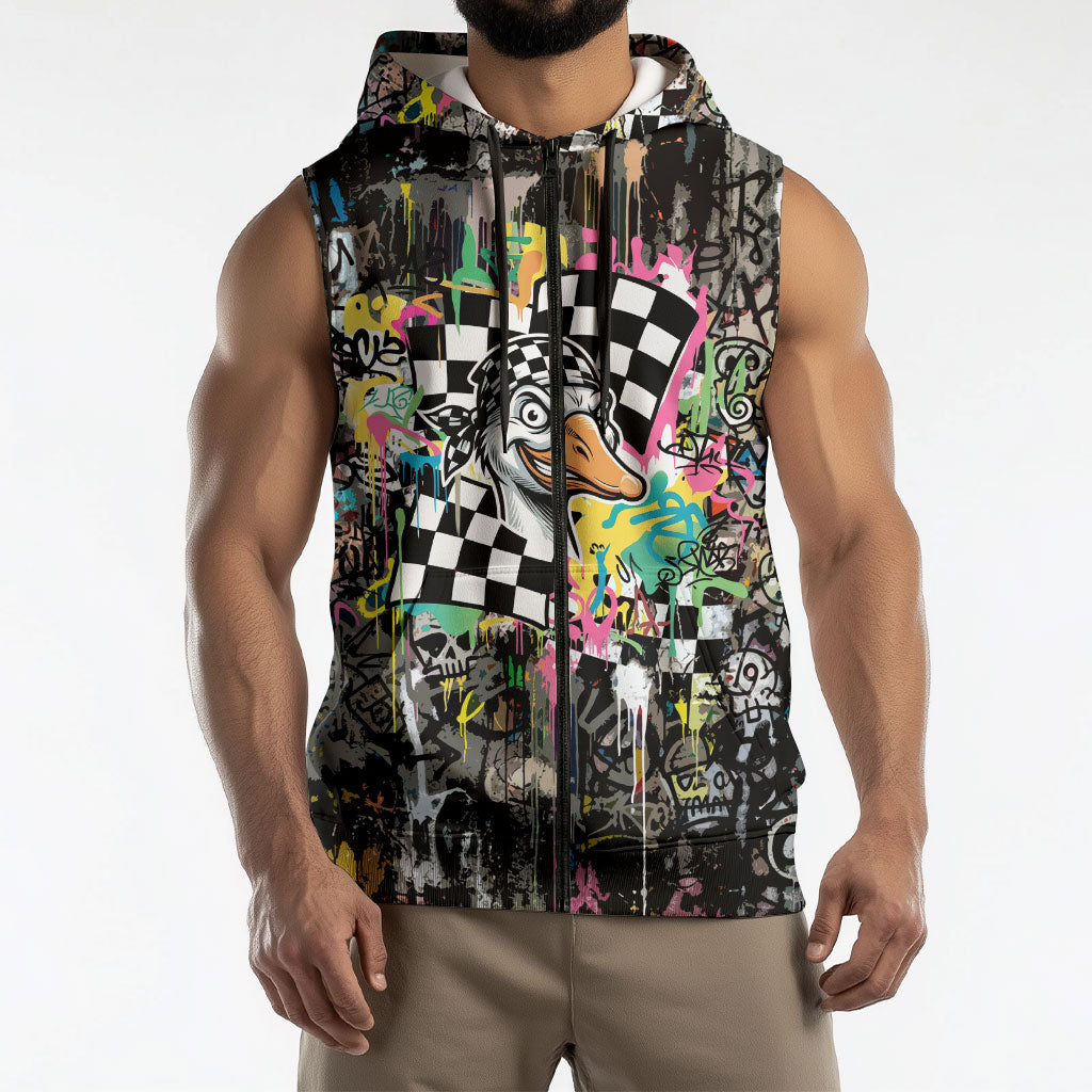 Silly Goose Team Racing Sleeveless Zip Hoodie Colorful Street Graffiti Checkered Flag
