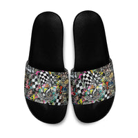 Silly Goose Team Racing Slide Sandals Colorful Street Graffiti Checkered Flag