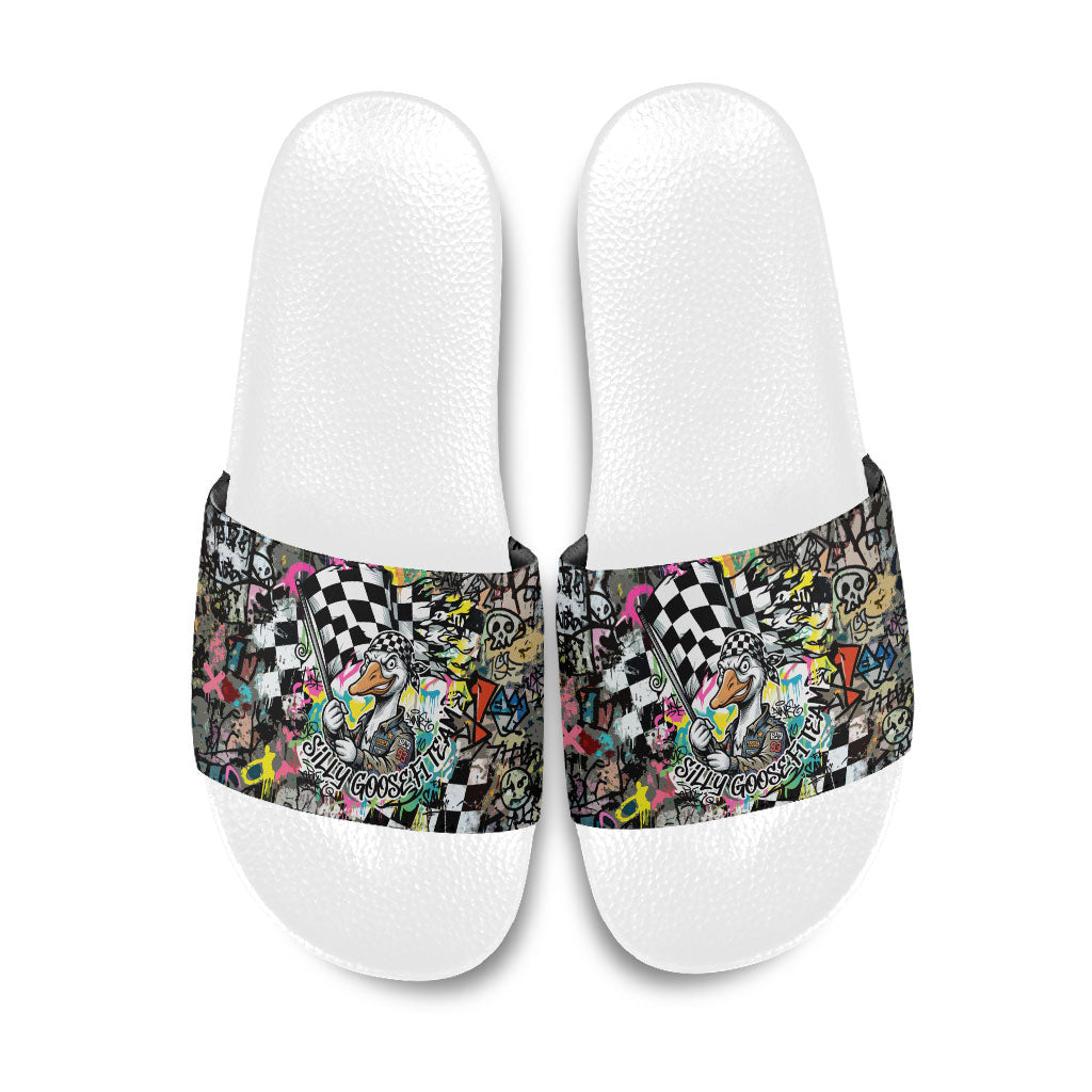 Silly Goose Team Racing Slide Sandals Colorful Street Graffiti Checkered Flag