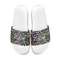 Silly Goose Team Racing Slide Sandals Colorful Street Graffiti Checkered Flag