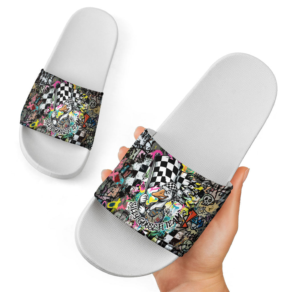 Silly Goose Team Racing Slide Sandals Colorful Street Graffiti Checkered Flag