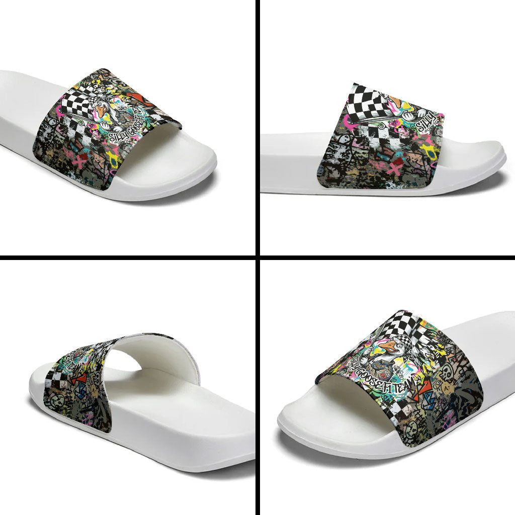 Silly Goose Team Racing Slide Sandals Colorful Street Graffiti Checkered Flag