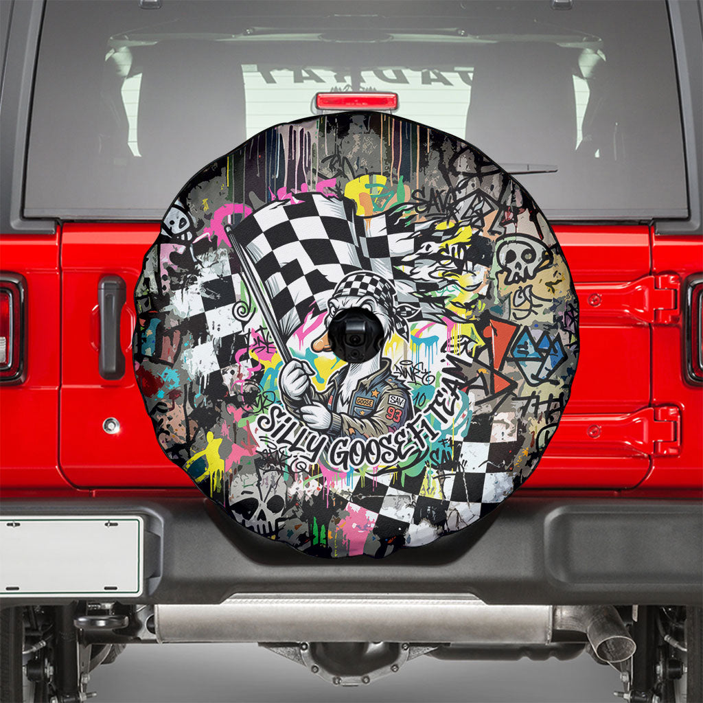 Silly Goose Team Racing Spare Tire Cover Colorful Street Graffiti Checkered Flag