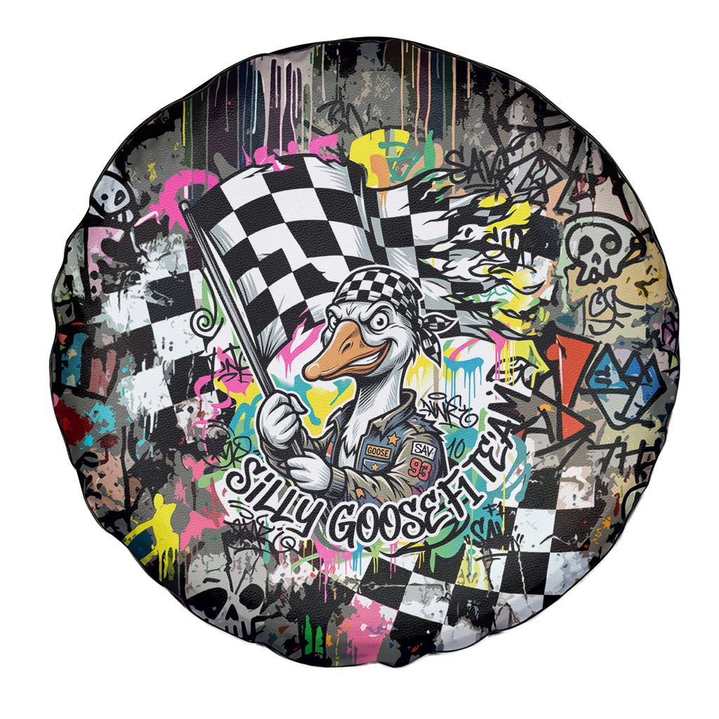 Silly Goose Team Racing Spare Tire Cover Colorful Street Graffiti Checkered Flag