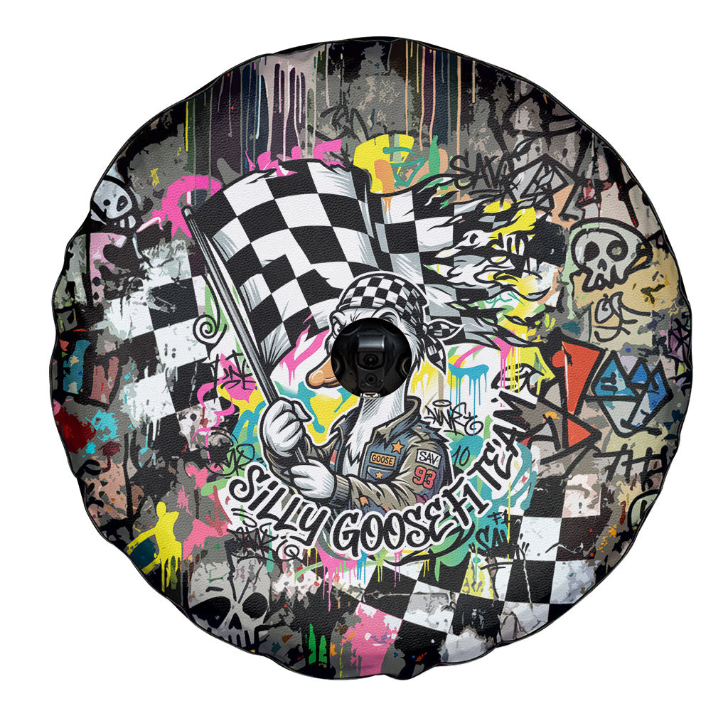 Silly Goose Team Racing Spare Tire Cover Colorful Street Graffiti Checkered Flag