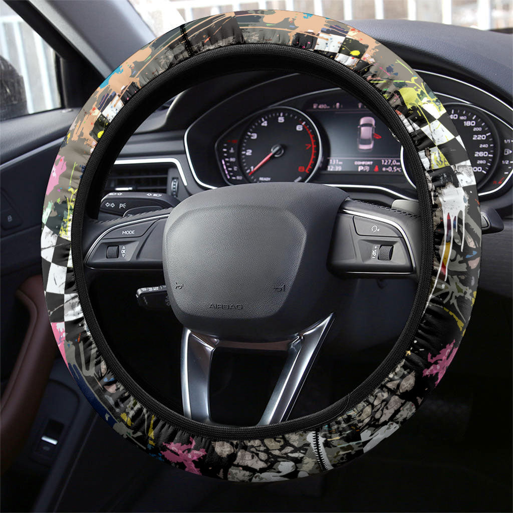 Silly Goose Team Racing Steering Wheel Cover Colorful Street Graffiti Checkered Flag