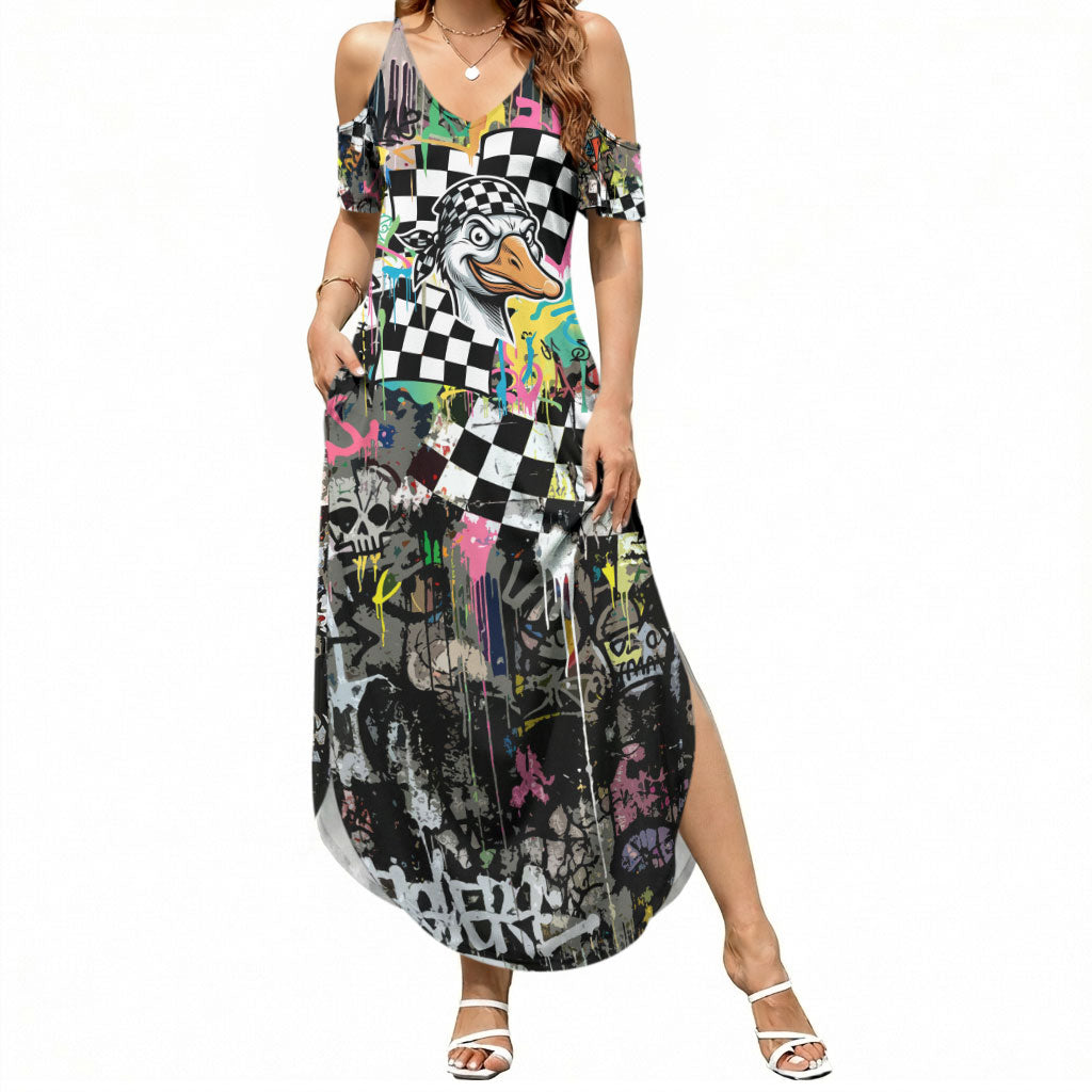 Silly Goose Team Racing Summer Maxi Dress Colorful Street Graffiti Checkered Flag