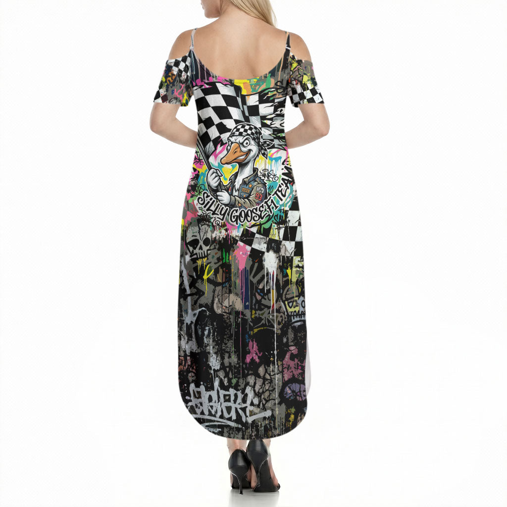Silly Goose Team Racing Summer Maxi Dress Colorful Street Graffiti Checkered Flag