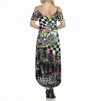 Silly Goose Team Racing Summer Maxi Dress Colorful Street Graffiti Checkered Flag