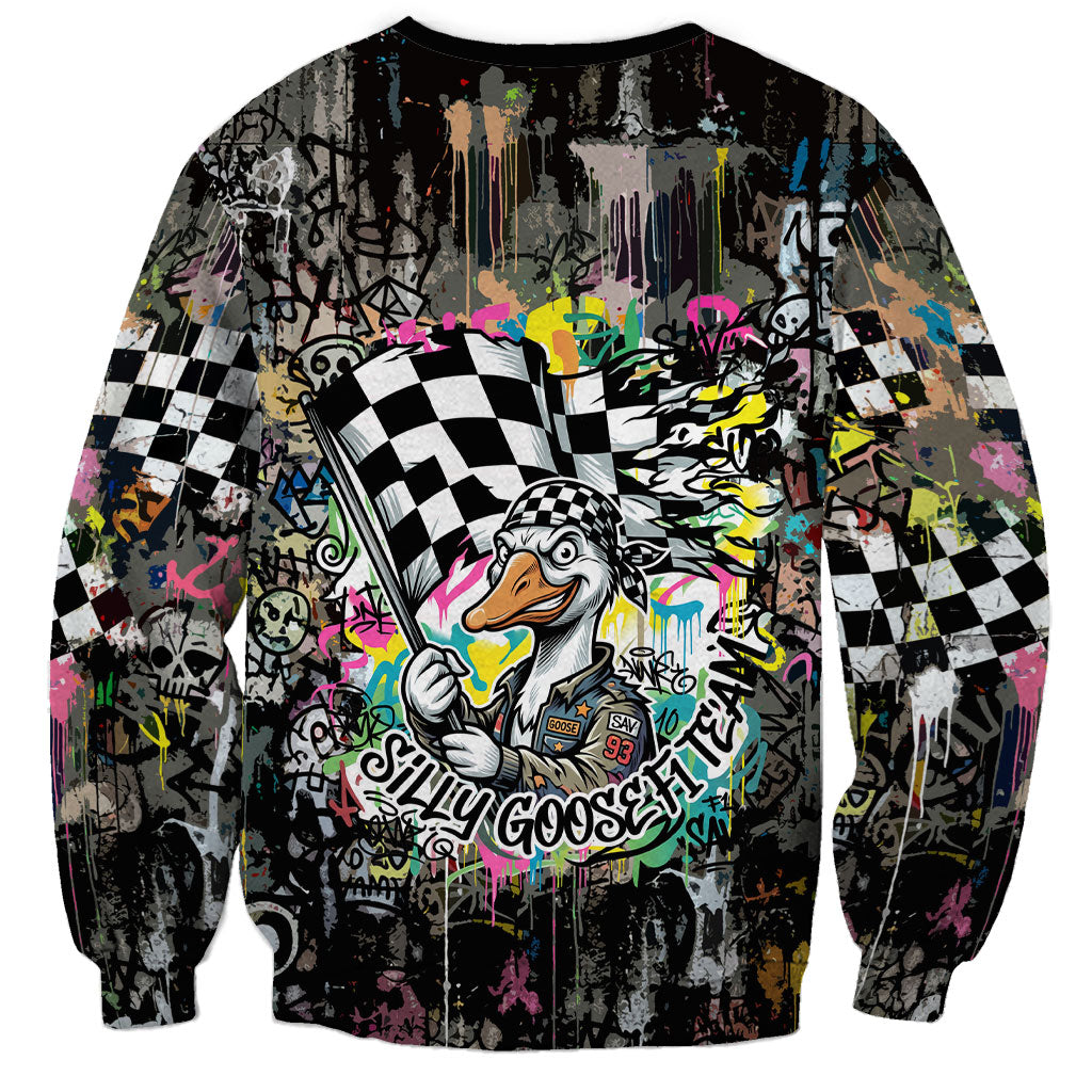 Silly Goose Team Racing Sweatshirt Colorful Street Graffiti Checkered Flag