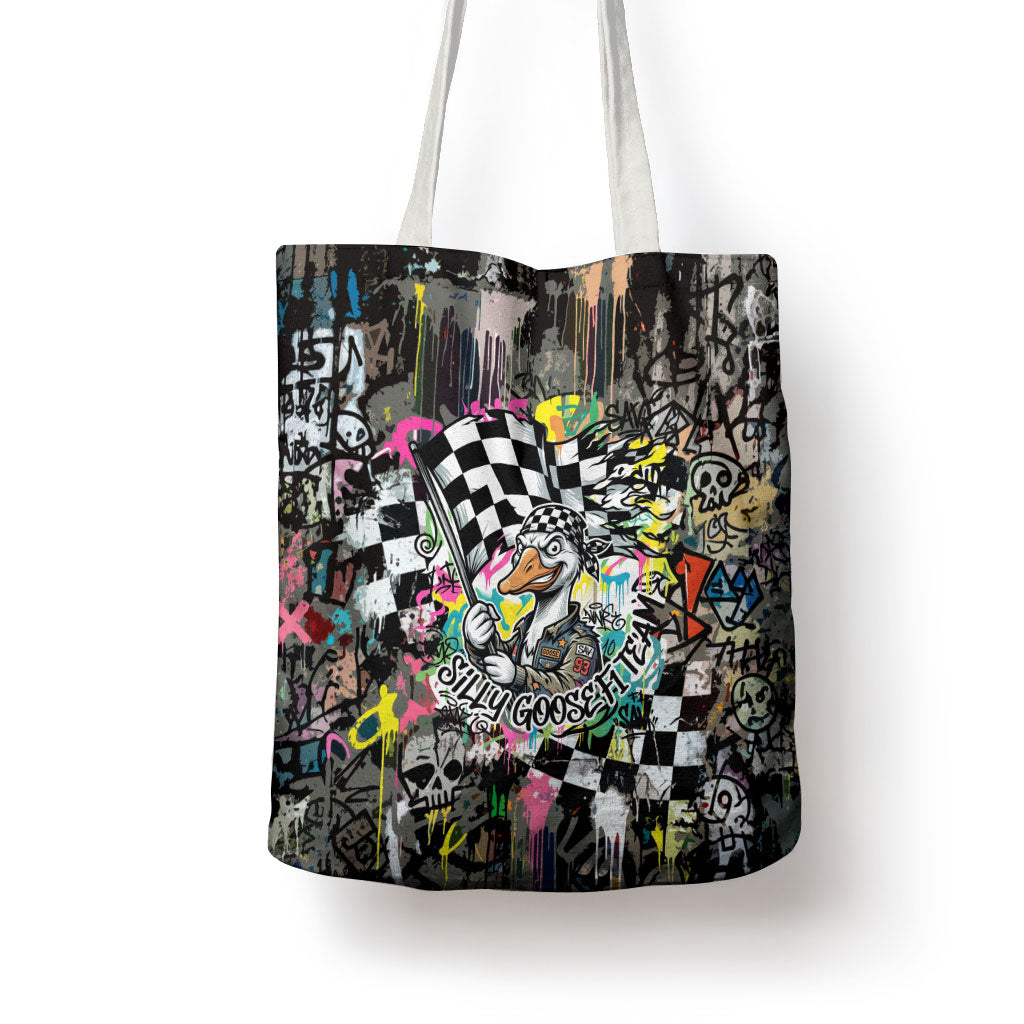 Silly Goose Team Racing Tote Bag Colorful Street Graffiti Checkered Flag