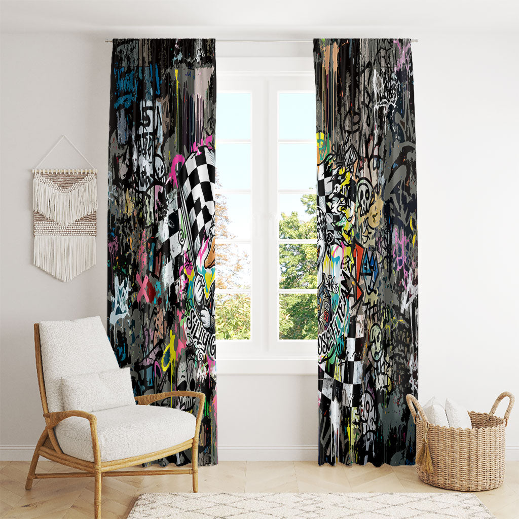 Silly Goose Team Racing Window Curtain Colorful Street Graffiti Checkered Flag