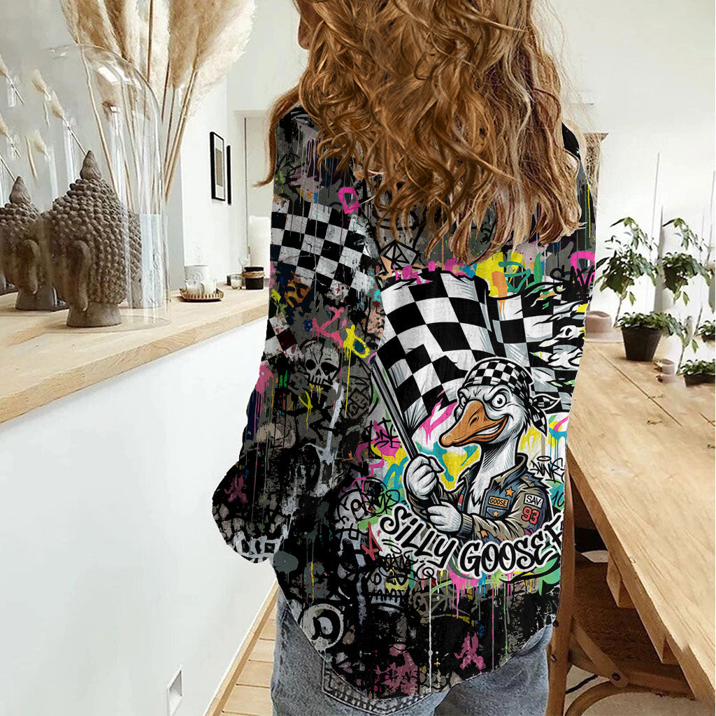 Silly Goose Team Racing Women Casual Shirt Colorful Street Graffiti Checkered Flag