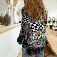 Silly Goose Team Racing Women Casual Shirt Colorful Street Graffiti Checkered Flag