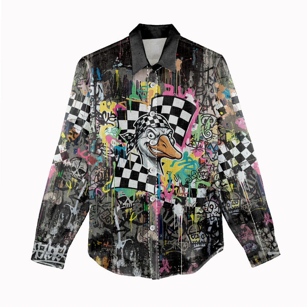 Silly Goose Team Racing Women Casual Shirt Colorful Street Graffiti Checkered Flag