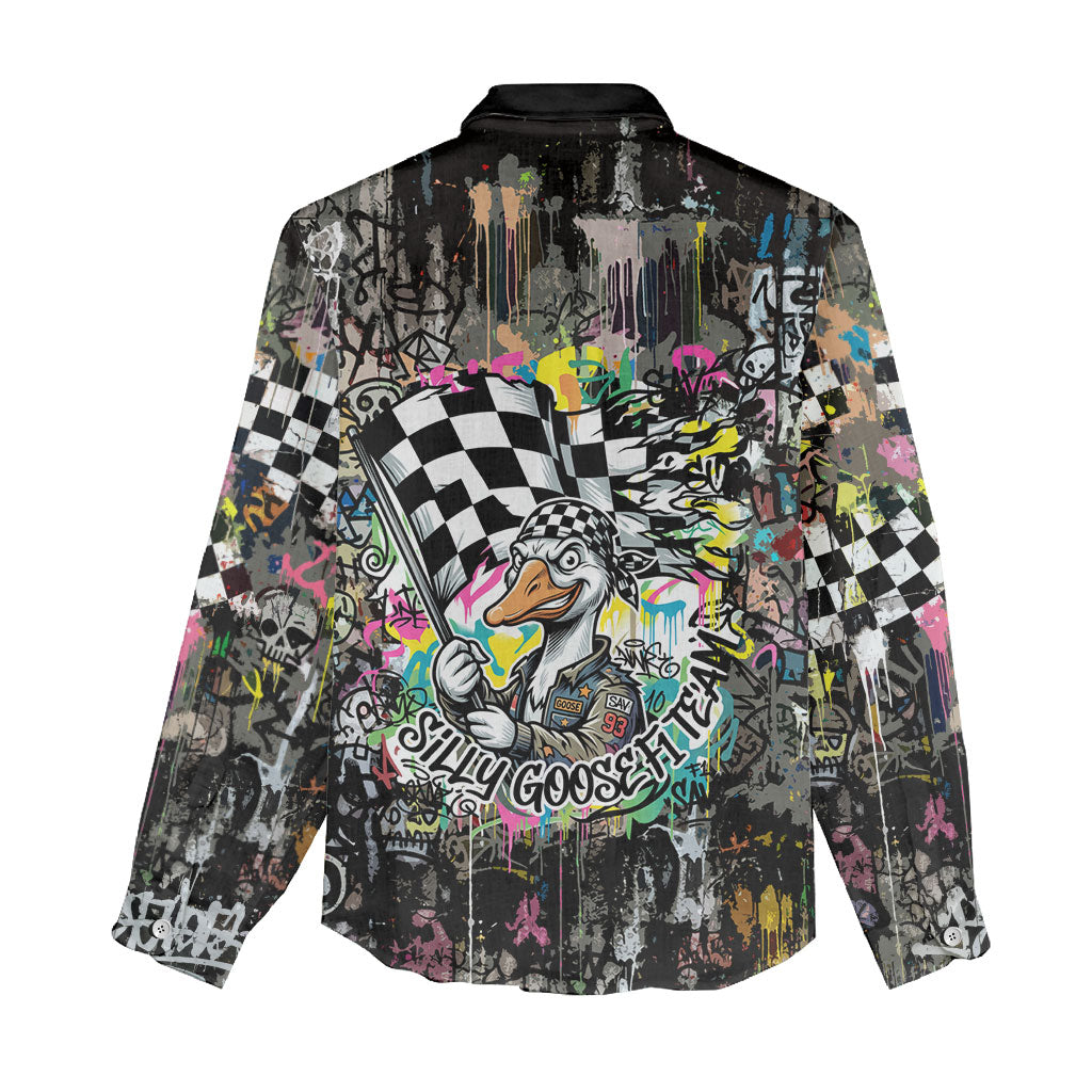 Silly Goose Team Racing Women Casual Shirt Colorful Street Graffiti Checkered Flag