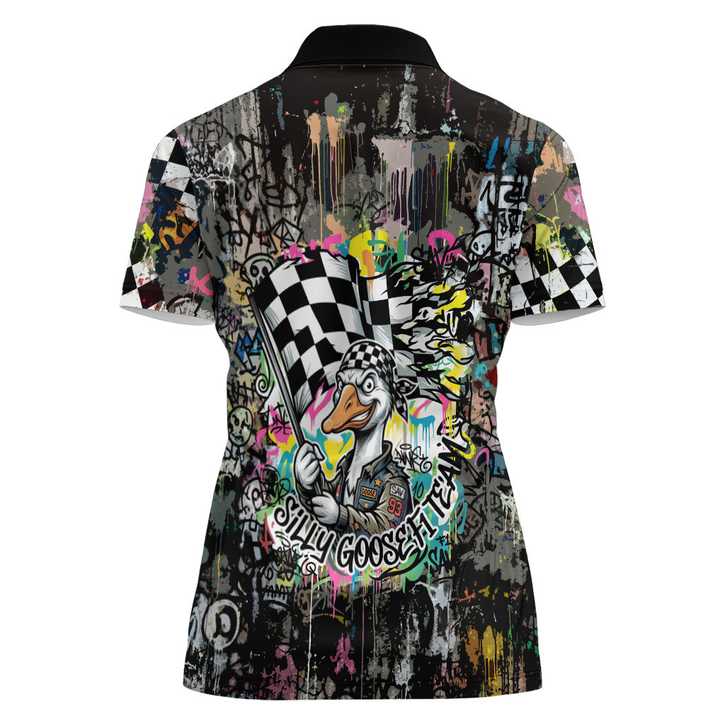 Silly Goose Team Racing Women Polo Shirt Colorful Street Graffiti Checkered Flag