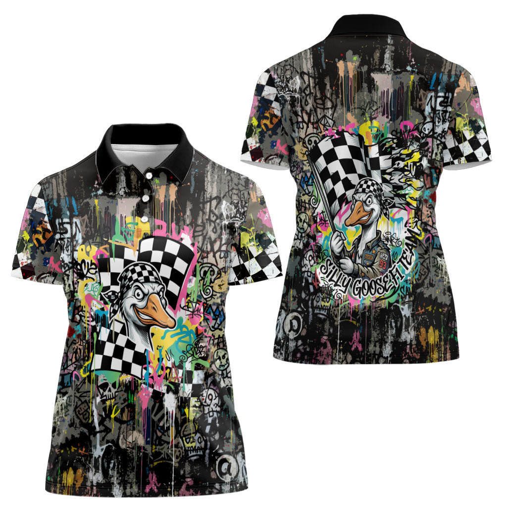 Silly Goose Team Racing Women Polo Shirt Colorful Street Graffiti Checkered Flag