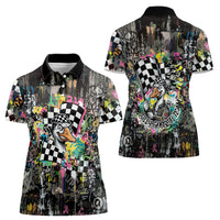 Silly Goose Team Racing Women Polo Shirt Colorful Street Graffiti Checkered Flag