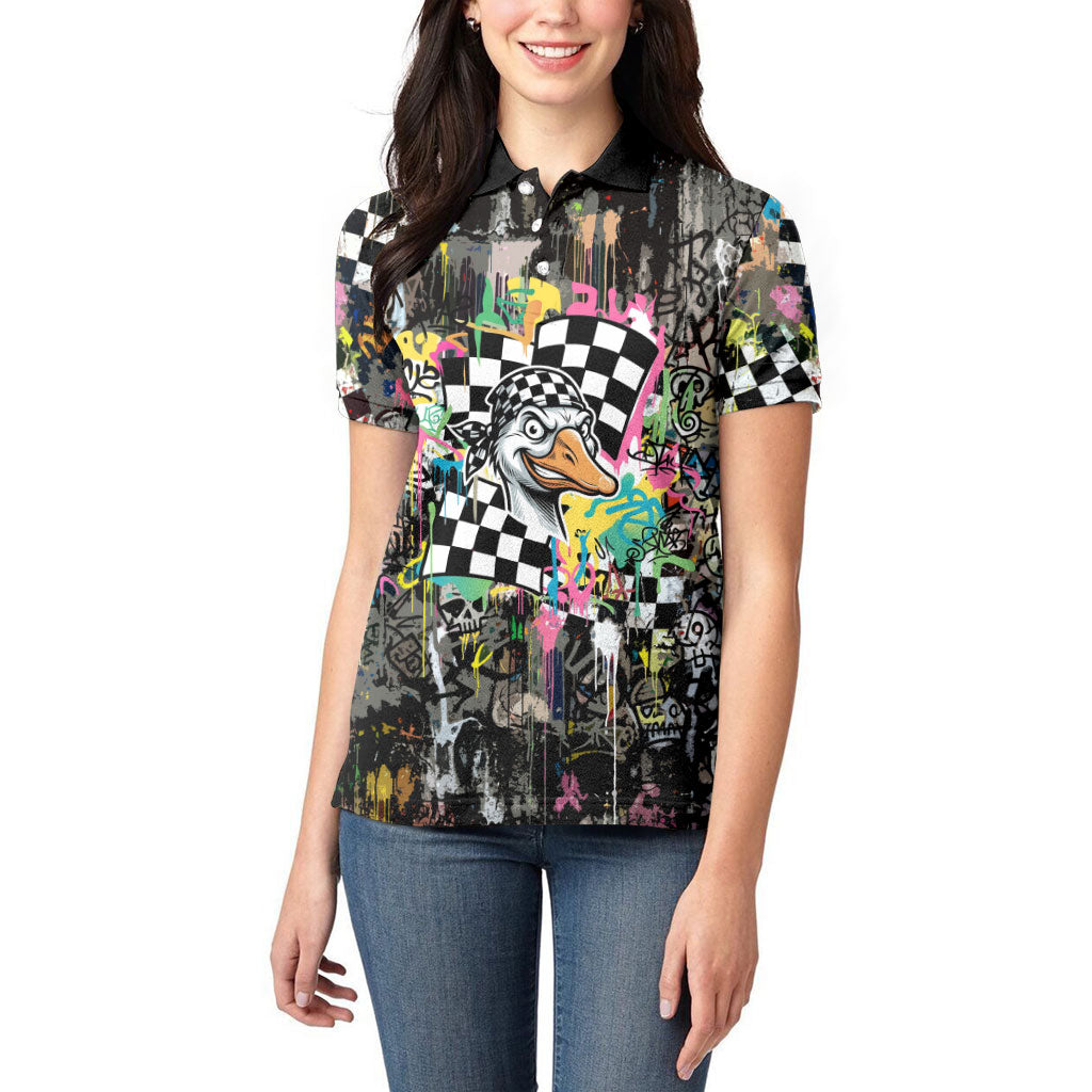 Silly Goose Team Racing Women Polo Shirt Colorful Street Graffiti Checkered Flag