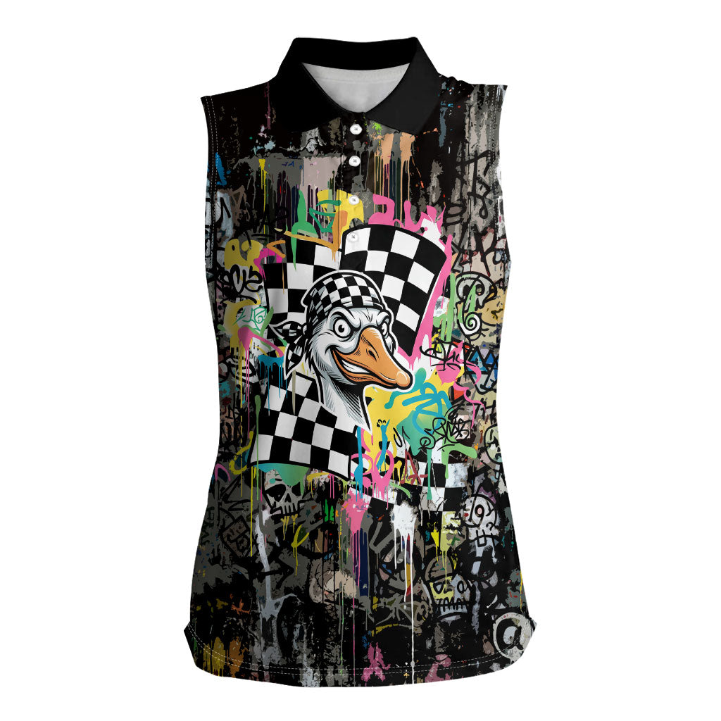 Silly Goose Team Racing Women Sleeveless Polo Shirt Colorful Street Graffiti Checkered Flag