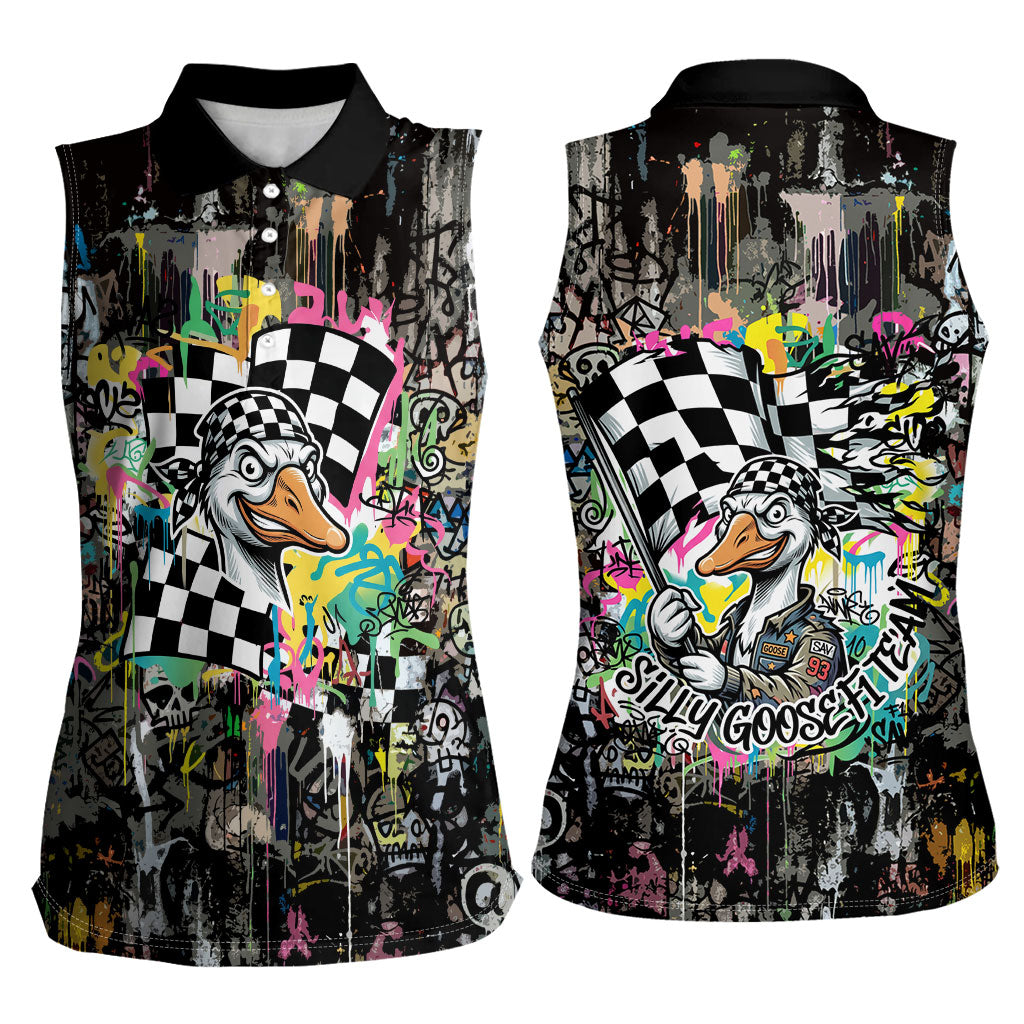 Silly Goose Team Racing Women Sleeveless Polo Shirt Colorful Street Graffiti Checkered Flag