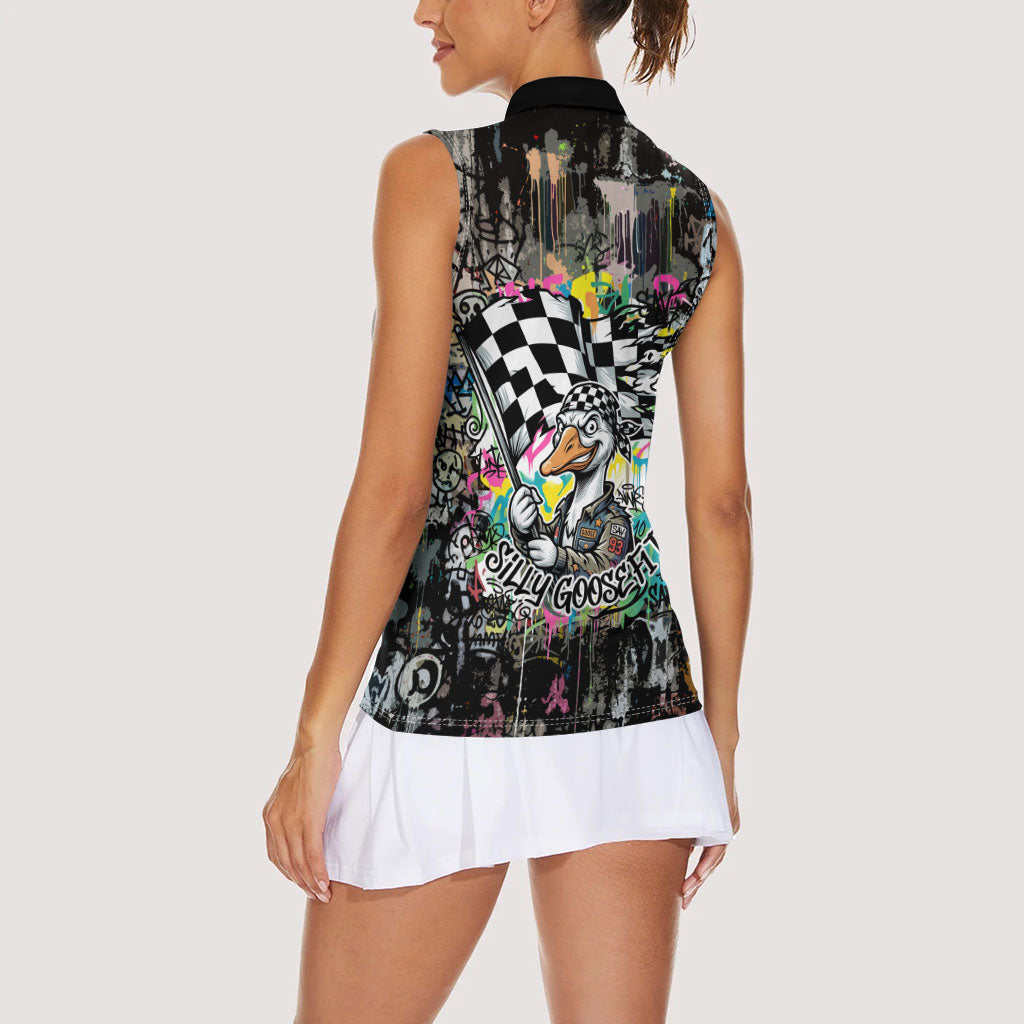 Silly Goose Team Racing Women Sleeveless Polo Shirt Colorful Street Graffiti Checkered Flag