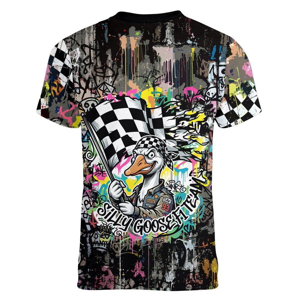 Silly Goose Team Racing Women V-Neck T-Shirt Colorful Street Graffiti Checkered Flag