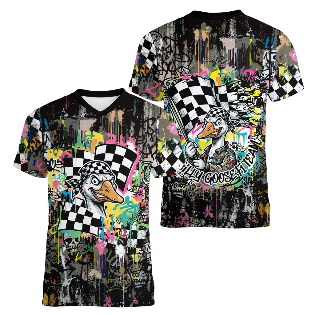 Silly Goose Team Racing Women V-Neck T-Shirt Colorful Street Graffiti Checkered Flag