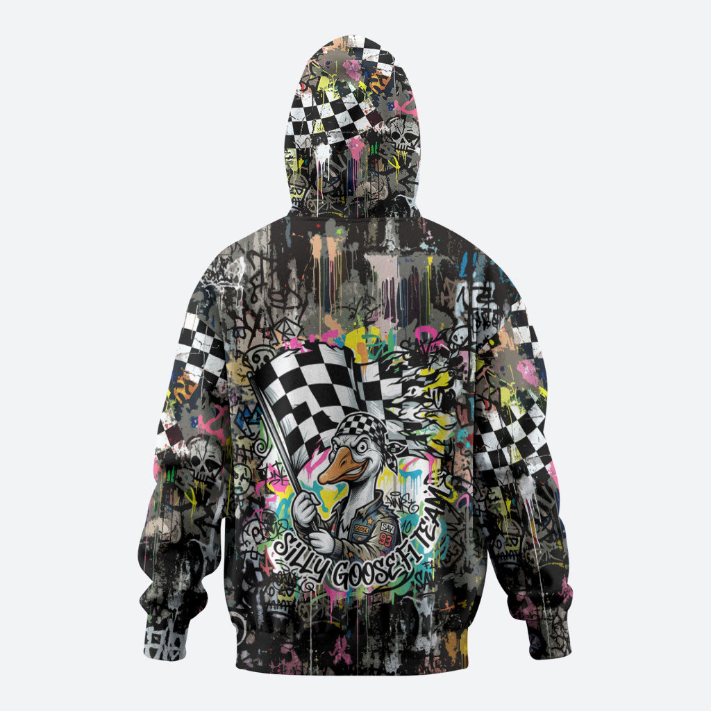 Silly Goose Team Racing Zip Hoodie Colorful Street Graffiti Checkered Flag