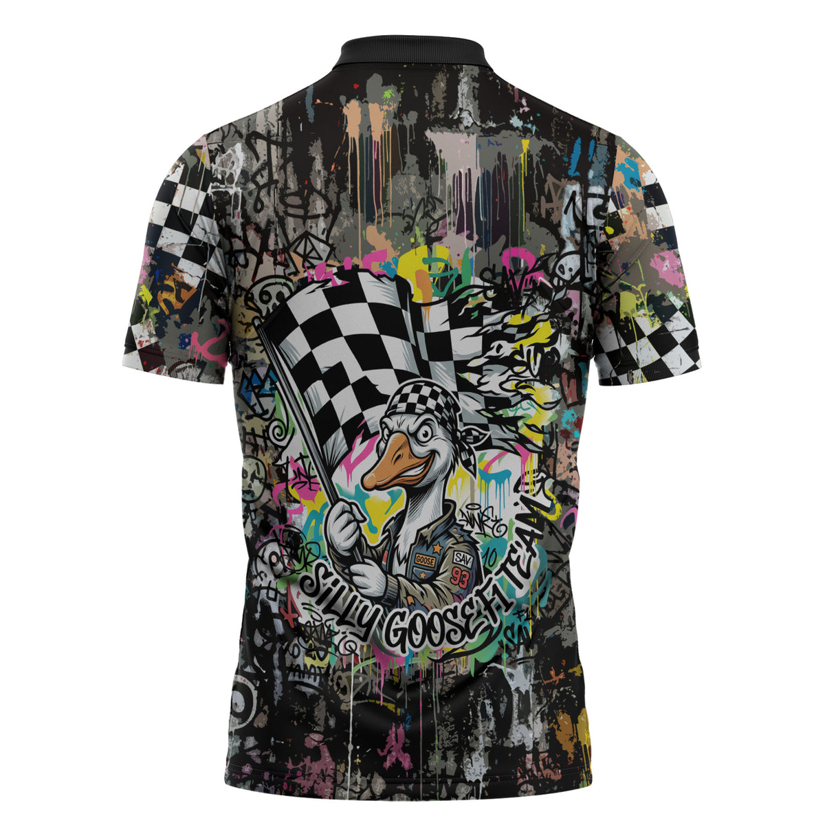 Silly Goose Team Racing Zipper Polo Shirt Colorful Street Graffiti Checkered Flag