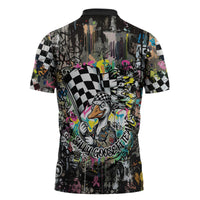 Silly Goose Team Racing Zipper Polo Shirt Colorful Street Graffiti Checkered Flag