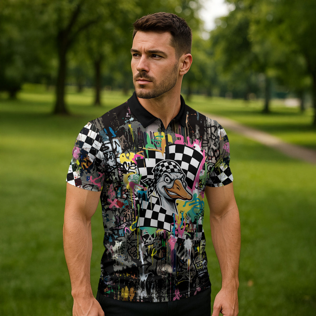 Silly Goose Team Racing Zipper Polo Shirt Colorful Street Graffiti Checkered Flag
