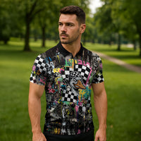 Silly Goose Team Racing Zipper Polo Shirt Colorful Street Graffiti Checkered Flag