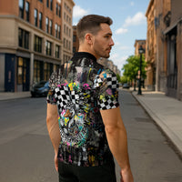 Silly Goose Team Racing Zipper Polo Shirt Colorful Street Graffiti Checkered Flag