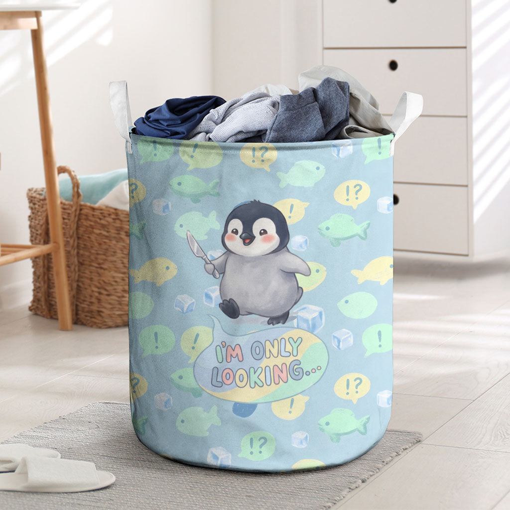 Sneaky Flipper Cute Penguin Holding Knife Laundry Basket Funny Chibi Penguin Graphic With Ice And Fish Pattern