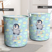 Sneaky Flipper Cute Penguin Holding Knife Laundry Basket Funny Chibi Penguin Graphic With Ice And Fish Pattern