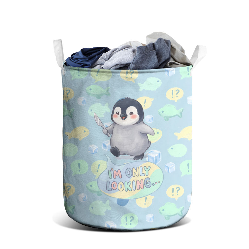 Sneaky Flipper Cute Penguin Holding Knife Laundry Basket Funny Chibi Penguin Graphic With Ice And Fish Pattern